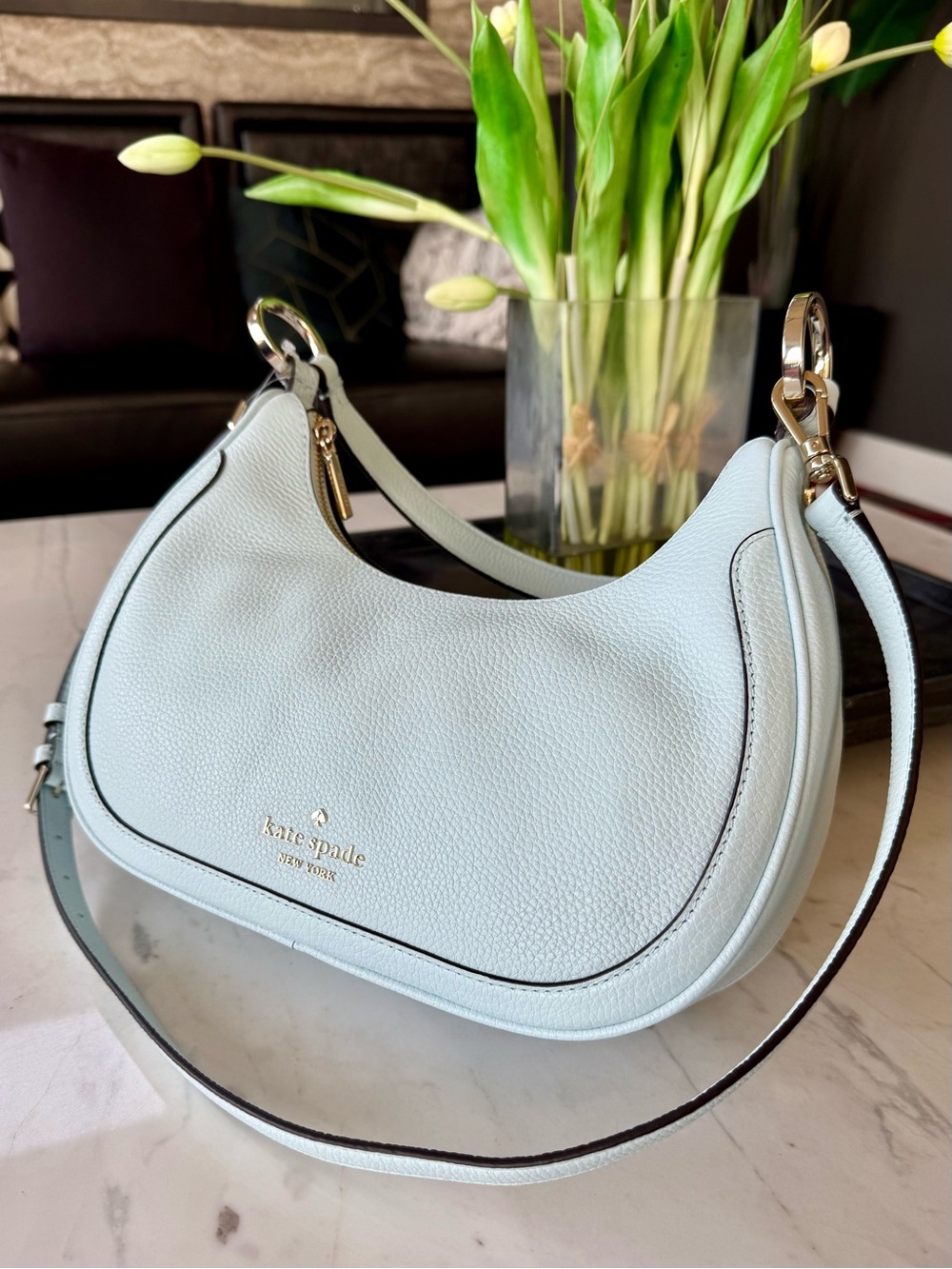 New Kate Spade Leila Pebbled Leather Shoulder/Crossbody Bag Crisp Sky - Picture 15 of 16